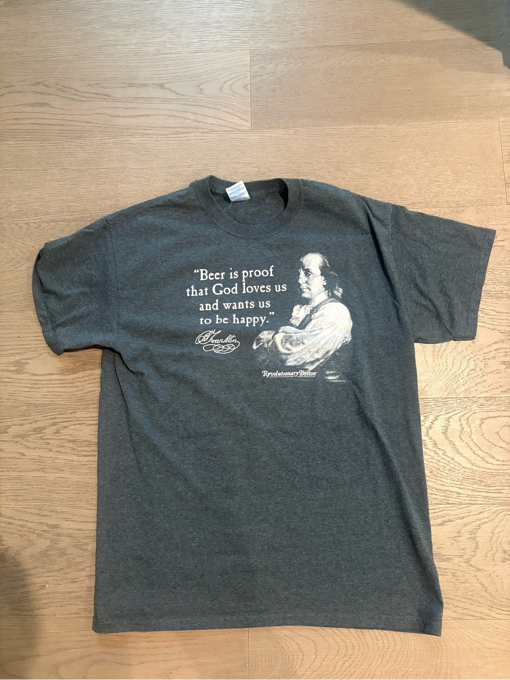 Gildan Dark Gray Short Sleeve Tee with White Quote & Portrait Graphic